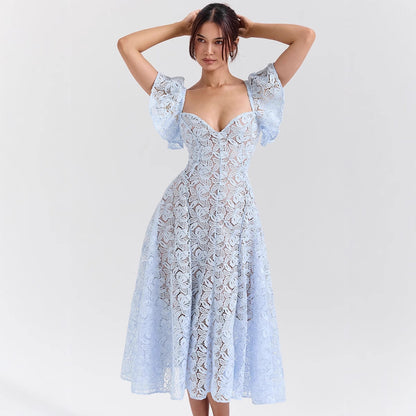 Damen Maxikleid Spitze Voluminöse Rüschen Herzförmiger Ausschnitt