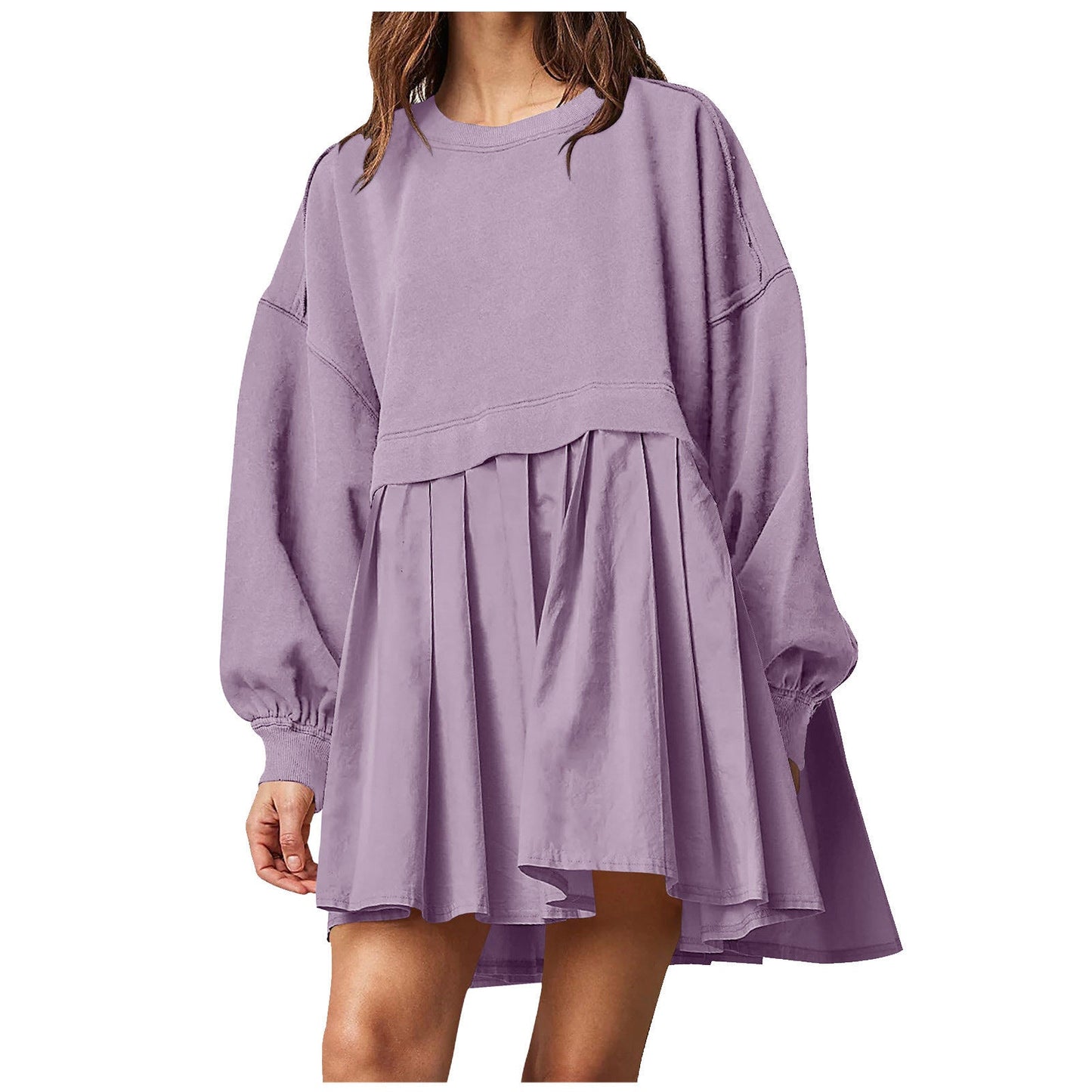 Damen Oversized Sweatshirtkleid Plissee-Rock Rundhals Bischofsärmel