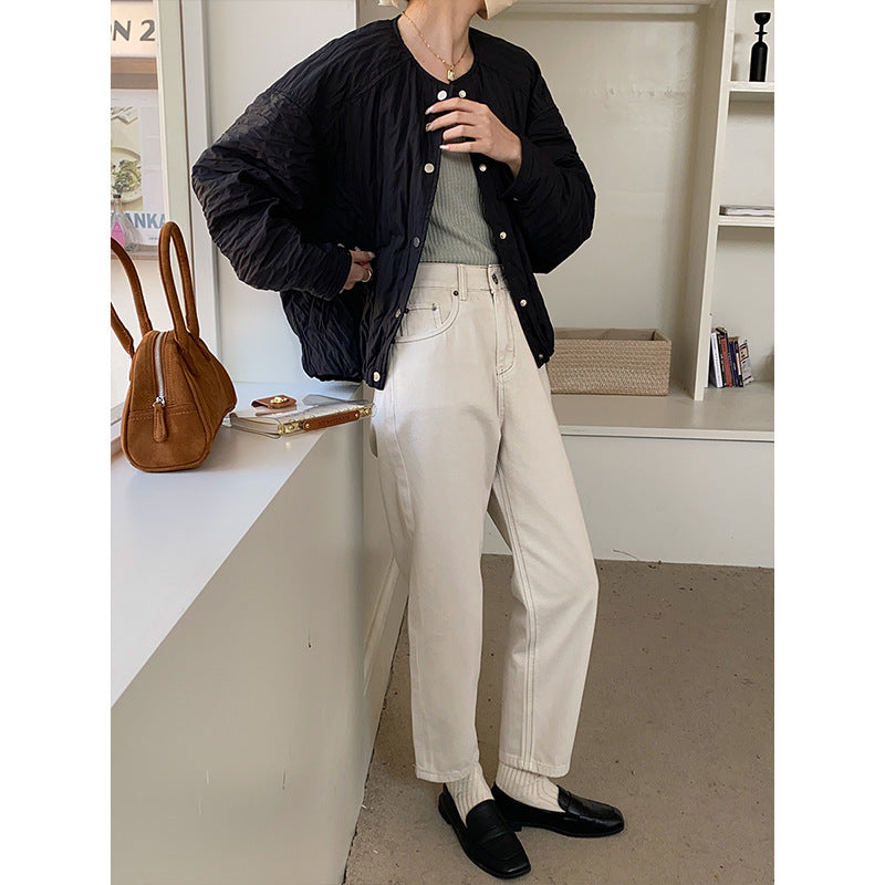 Damen Steppjacke Lässig Druckknopfverschluss Beige