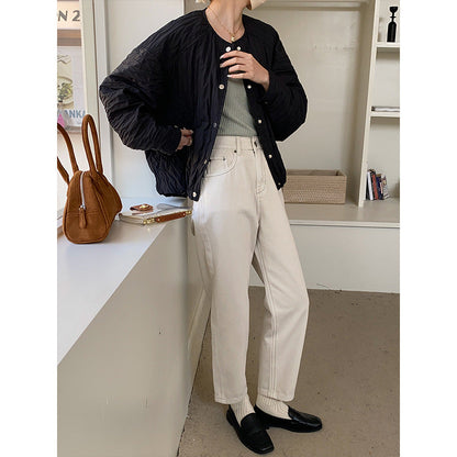 Damen Steppjacke Lässig Druckknopfverschluss Beige