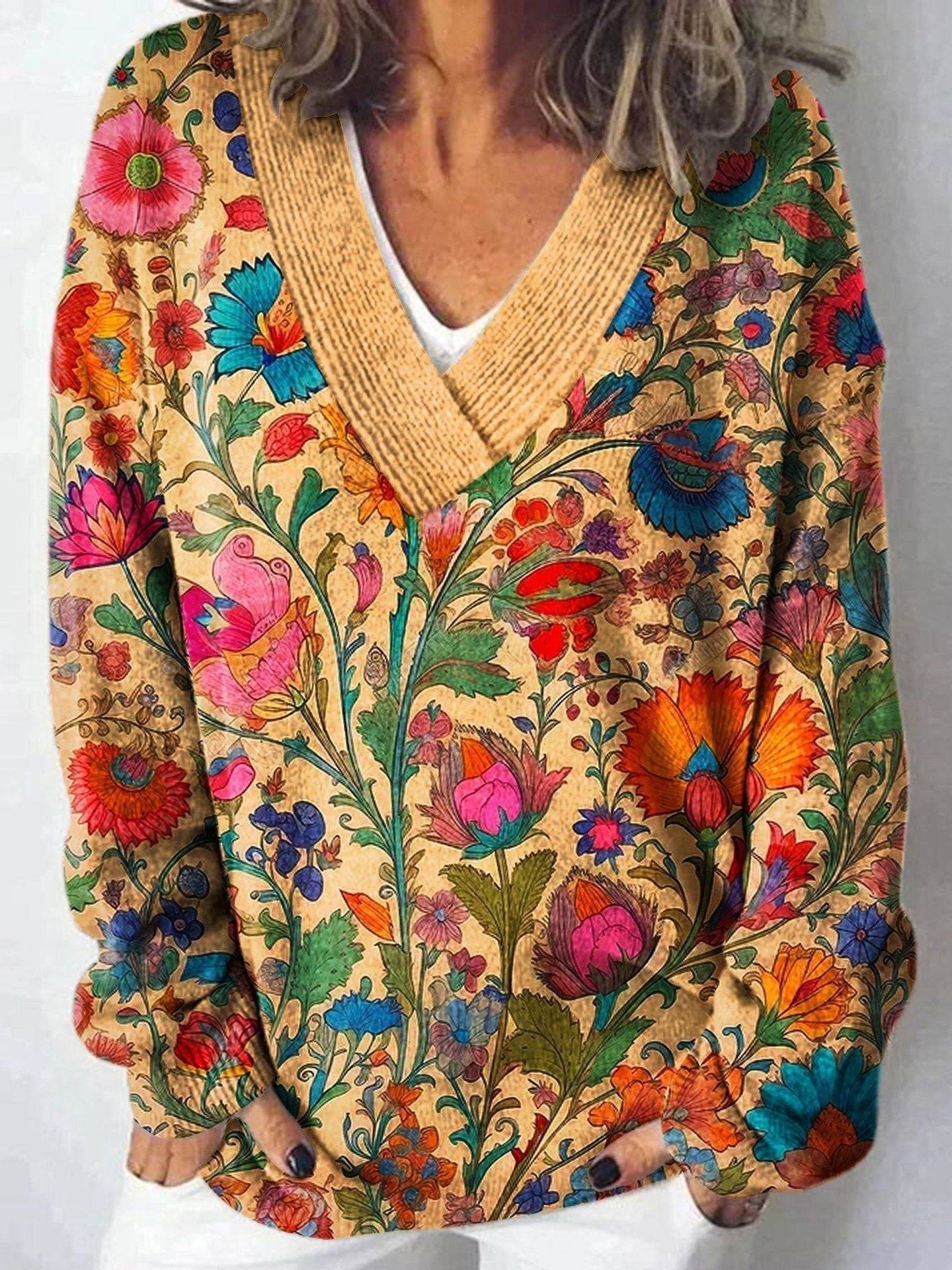Damen Pullover V-Ausschnitt Floralmuster Lässig Eveloria