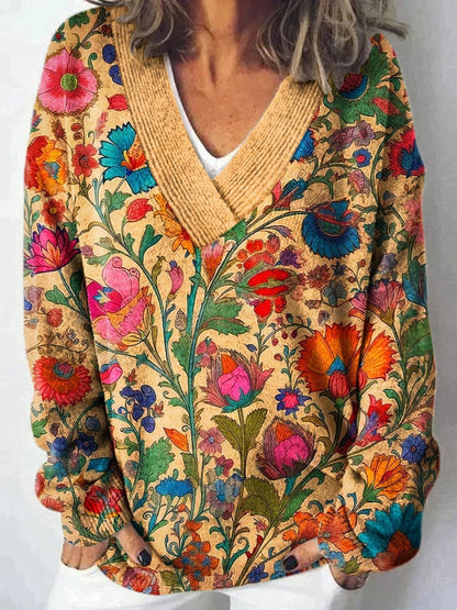 Damen Pullover V-Ausschnitt Floralmuster Lässig Eveloria