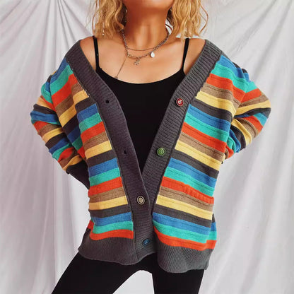 Damen Strickjacke Bunt Streifenmuster Locker Eveloria