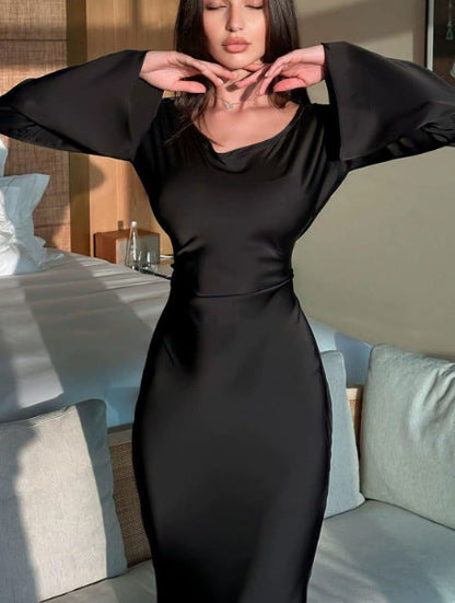 Damen Satin Maxi-Kleid Langärmlig Weite Ärmel Eveloria