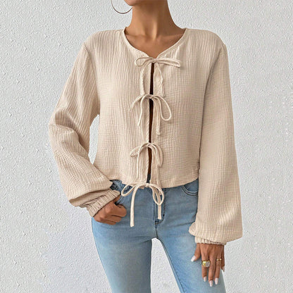 Damen Cropped Bluse Raffinierte Schnürdetails Eveloria