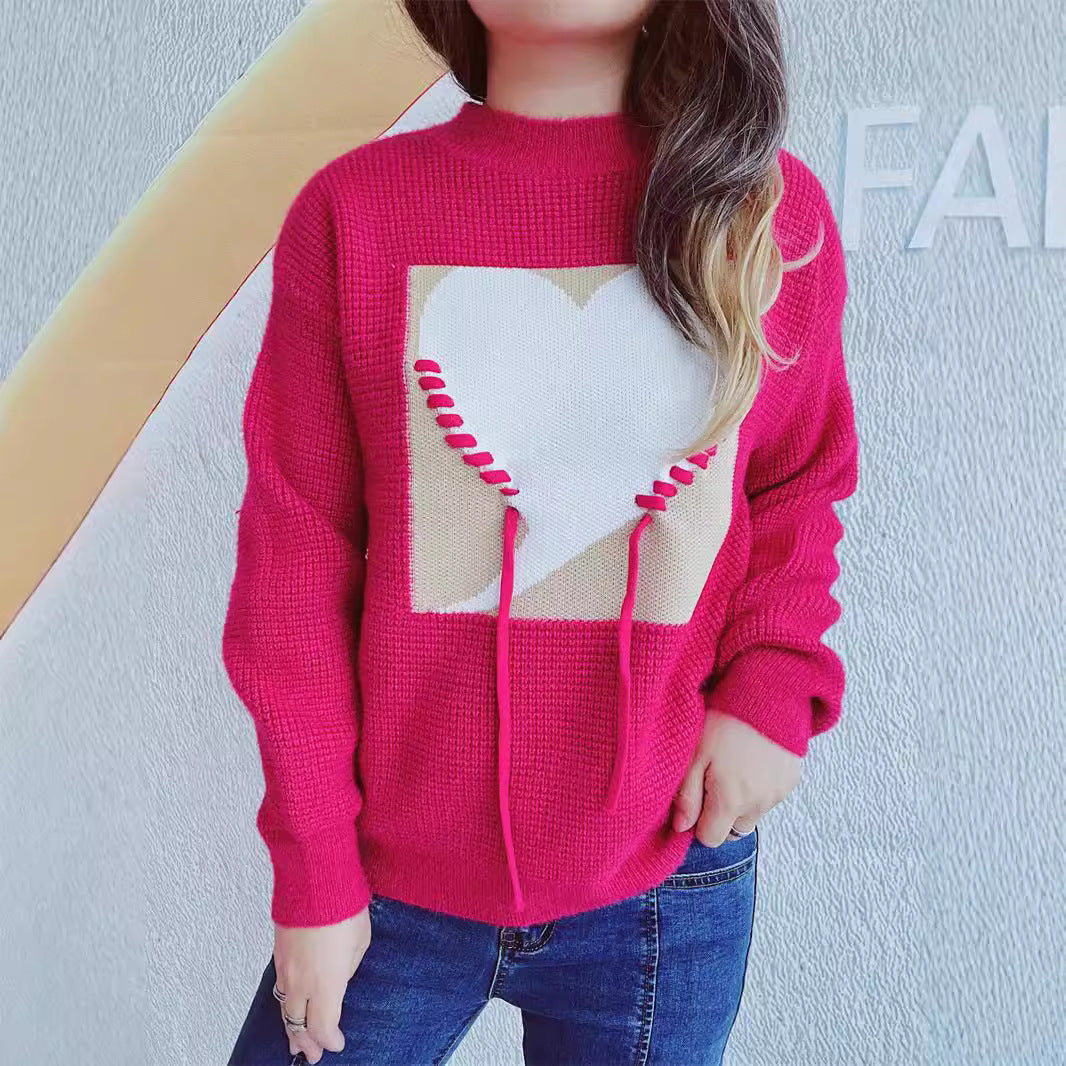 Damen Pullover mit Herzapplikation und Kordelzug Schwarz - Eveloria