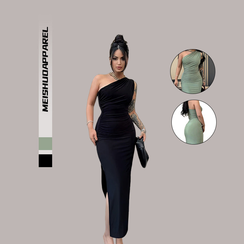 Damen Maxikleid Elegantes One-Shoulder-Design Figurbetont Schwarz - Eveloria