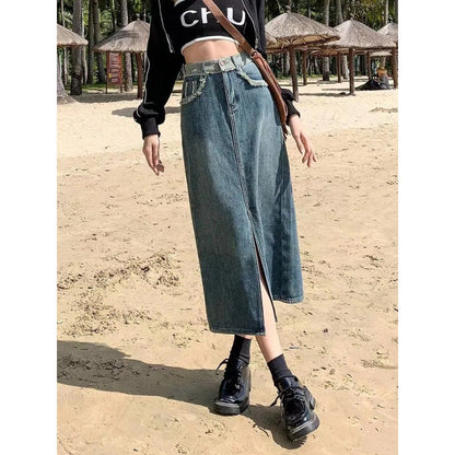 Damen Denim-Rock Lang Hochteilung Blau Eveloria