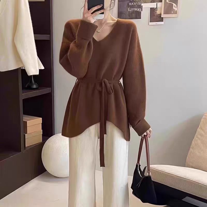 Damen Strickjacke V-Ausschnitt Taillengürtel Eveloria
