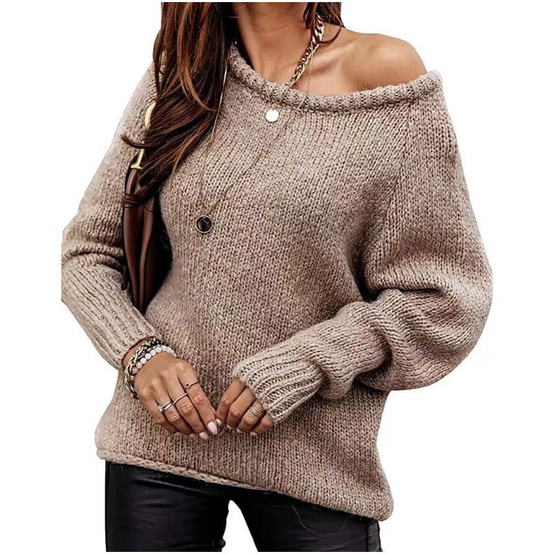 Damen Strickpullover Schulterfrei Oversized Beige