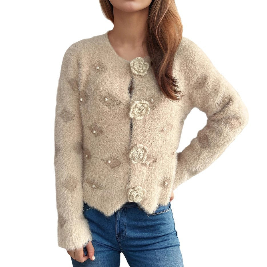 Damen Strickjacke Blumenapplikationen Perlenakzente Eveloria