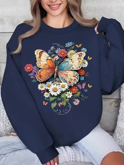 Damen Langarm Sweatshirt Floralmuster Schmetterling Druck Eveloria