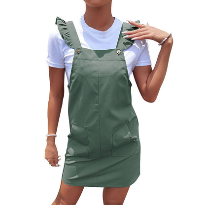 Damen Latzkleid Rüschendetails Seitentaschen Eveloria