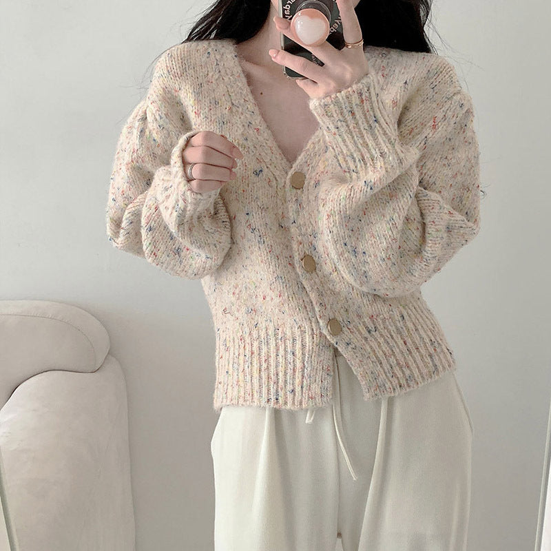 Damen Cardigan Grobstrick V-Ausschnitt Knöpfe Beige