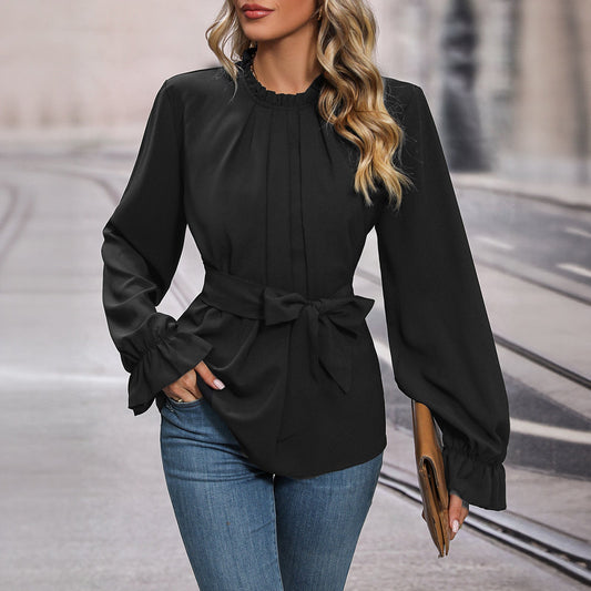 Damen Bluse Rüschendetails Taillengürtel Eveloria - Eveloria