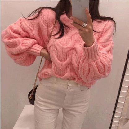Damen Grobstrickpullover Zopfmuster Lässig