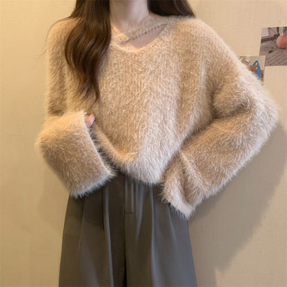 Damen Cropped Pullover Flauschig Weiches Strickmuster Grau