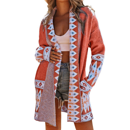 Damen Langarmstrickjacke Geometrisches Muster Offene Taschen Eveloria