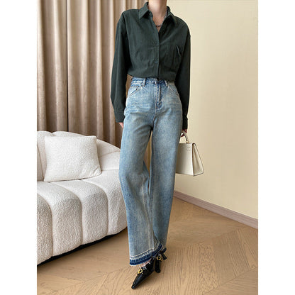 Damen Langarmshirt aus Baumwolle mit Knopfdetail und langem Schnitt