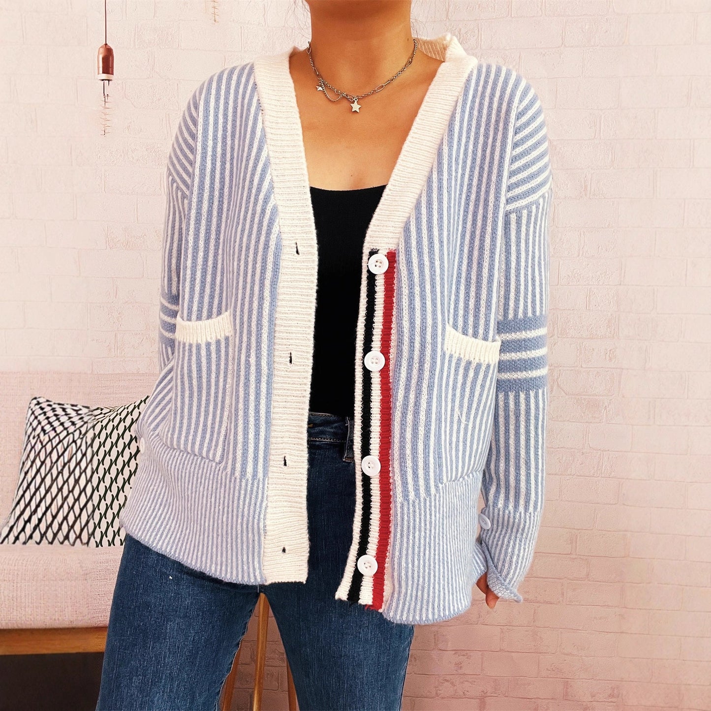 Damen Strickcardigan Gestreift Mit Taschen Knöpfe Beige