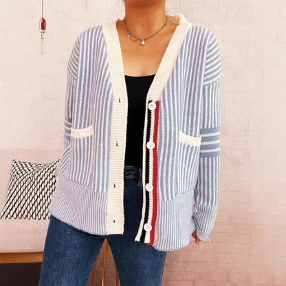 Damen Strickcardigan Gestreift Mit Taschen Knöpfe Beige