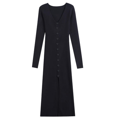 Damen Langarm Strickkleid V-Ausschnitt Durchgehende Knopfleiste