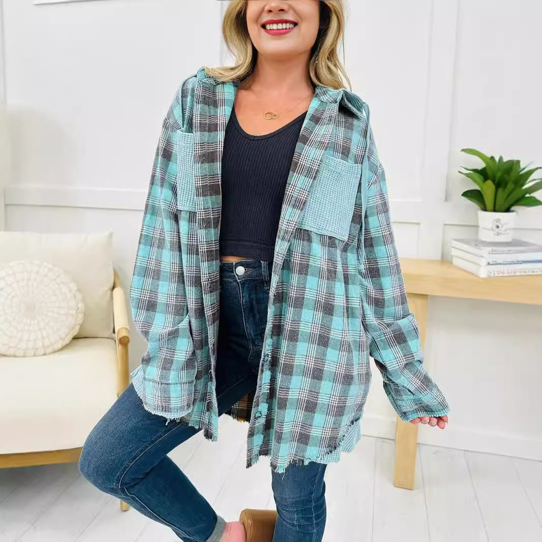 Damen Karo-Hemdjacke Oversized mit Fransen Details Braun