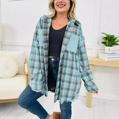 Damen Karo-Hemdjacke Oversized mit Fransen Details Braun