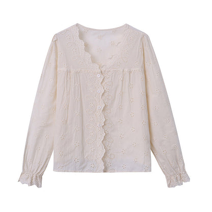 Damen Bluse Spitzenkante Knöpfe Weiß