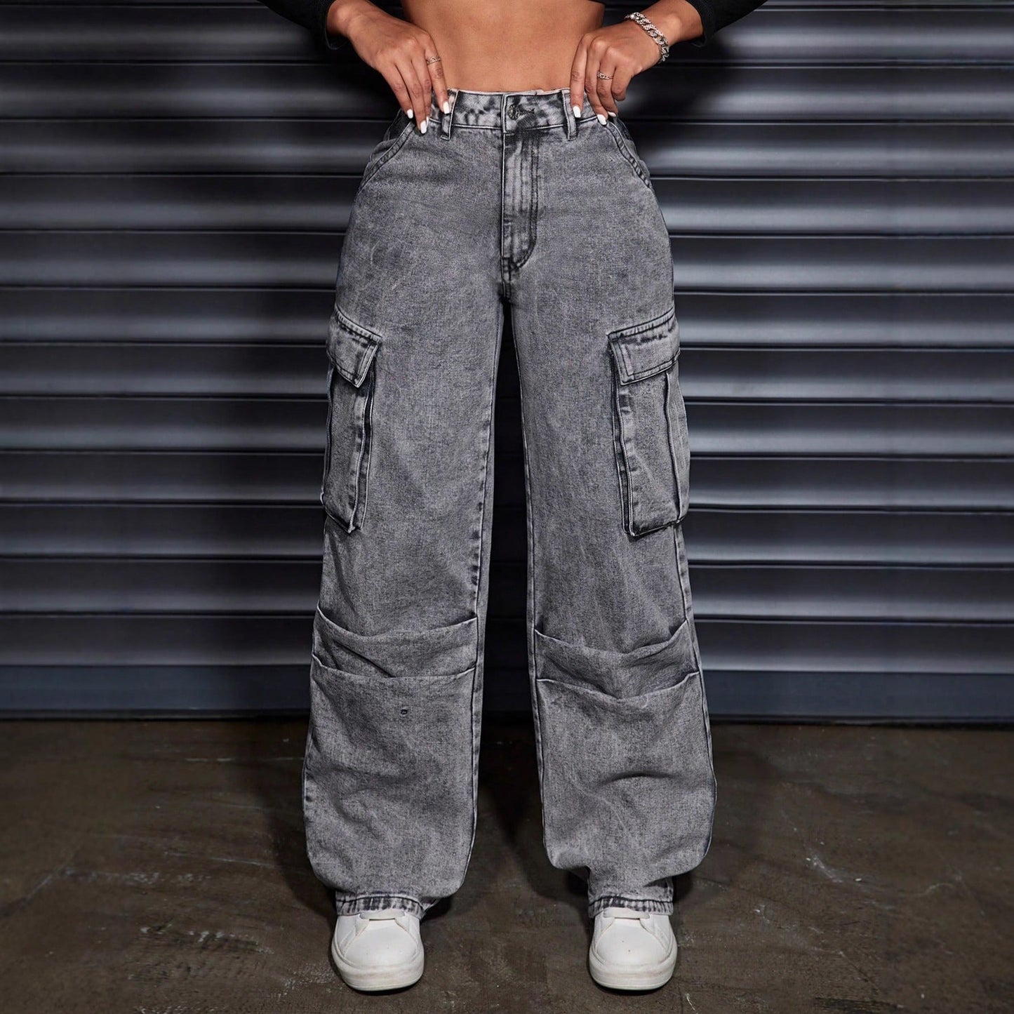 Damen Cargo-Jeans Hoher Bund Praktische Seitentaschen Blau Eveloria
