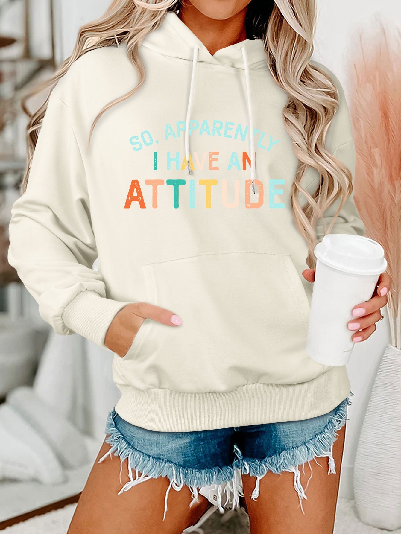 Damen Kapuzenpullover Lässig Mit Schriftzug Grau Eveloria