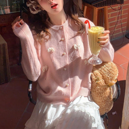 Damen Strickjacke Kawaii mit Schleifen und Perlen