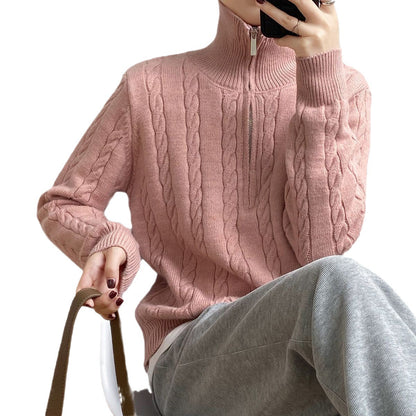 Damen Grobstrickpullover Hochkragen Zopfmuster