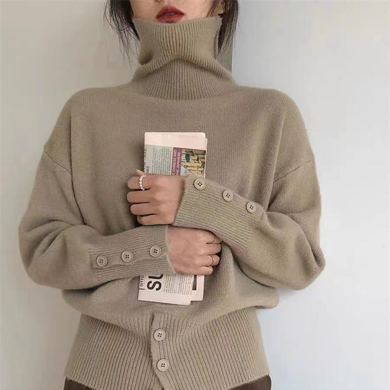 Damen Rollkragenpullover Kuschelfleece Mit Knöpfen Beige - Eveloria