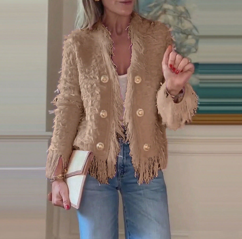 Damen Fransenjacke Goldknöpfe Eveloria