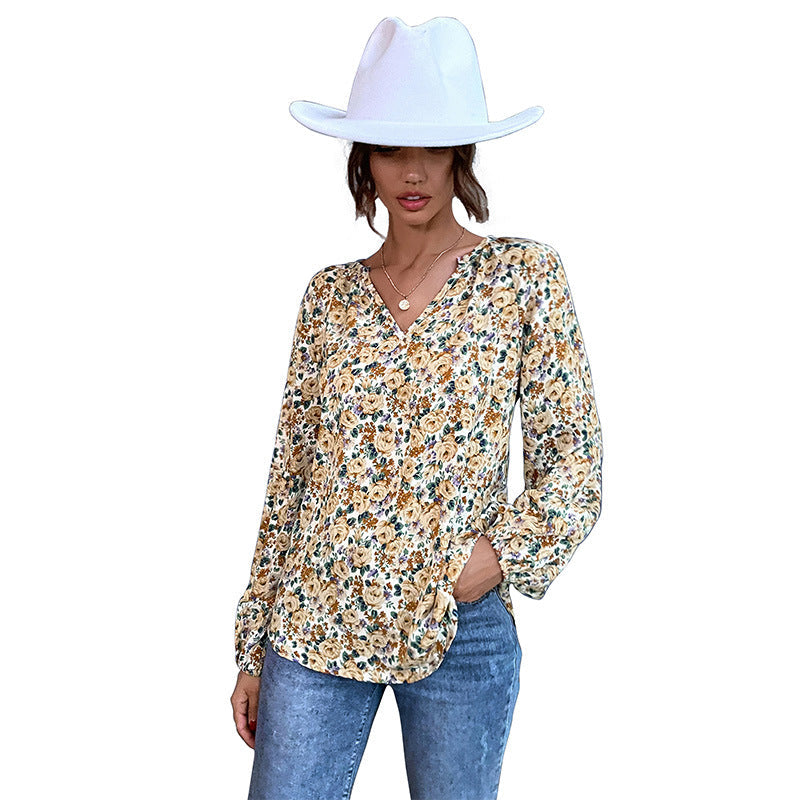 Damen Bluse Floralmuster Geraffte Ärmel