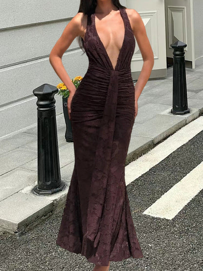Damen Maxikleid V-Ausschnitt Gerafft Eveloria