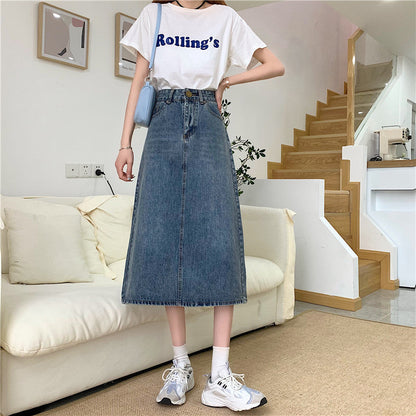Damen Jeansrock Lang Hochtailliert Dekoratives Design Eveloria