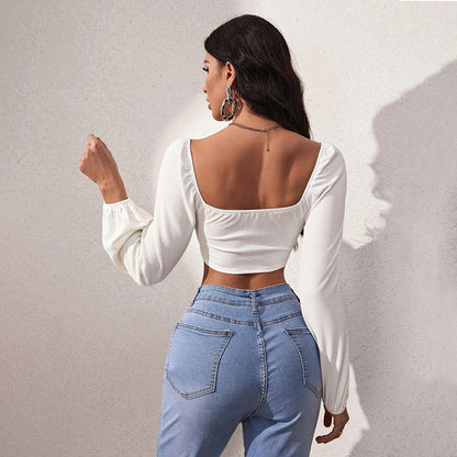 Damen Crop- Langarm Quadrat-Ausschnitt Puffärmel Eveloria