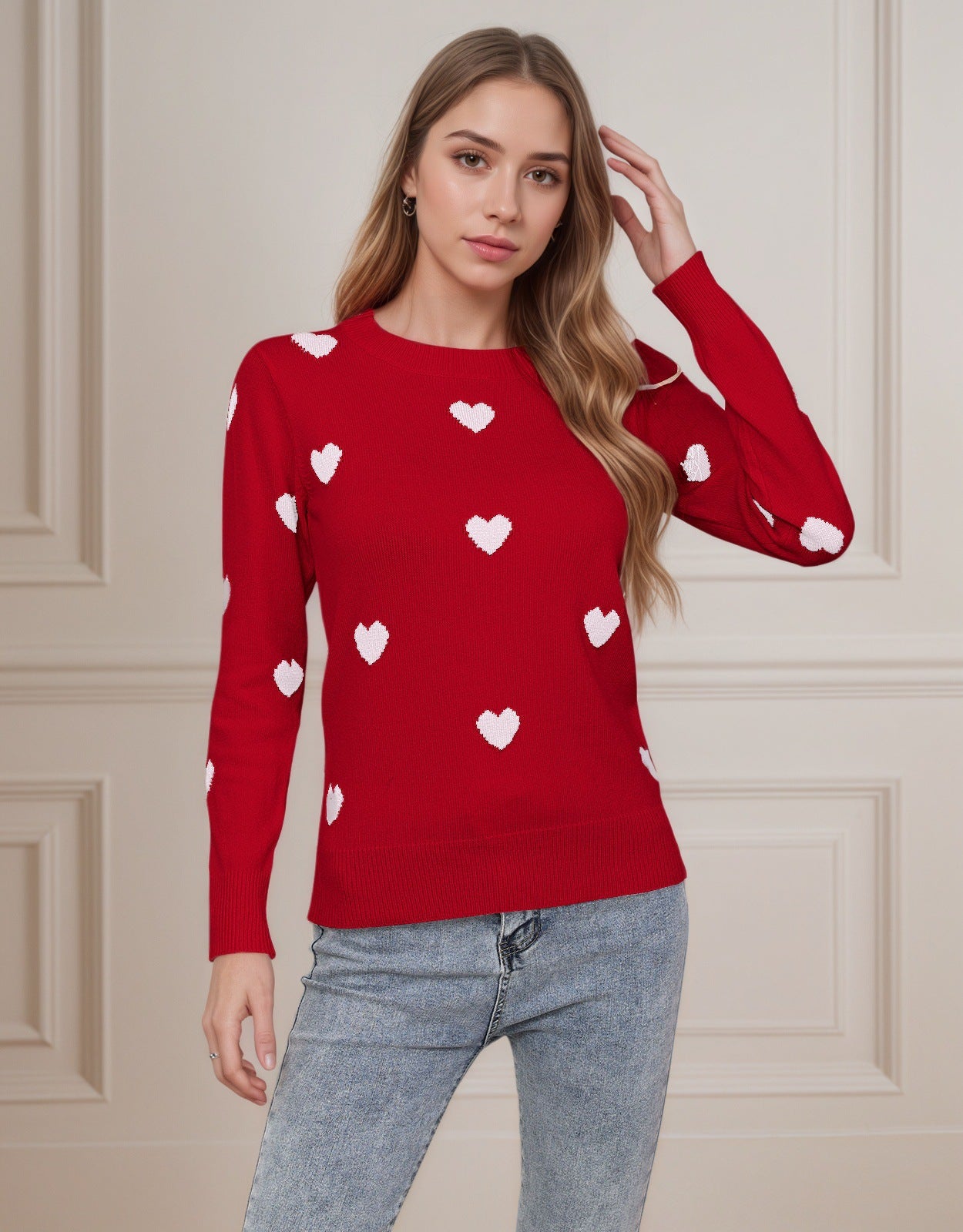 Damen Strickpullover Herz-Design Feine Struktur