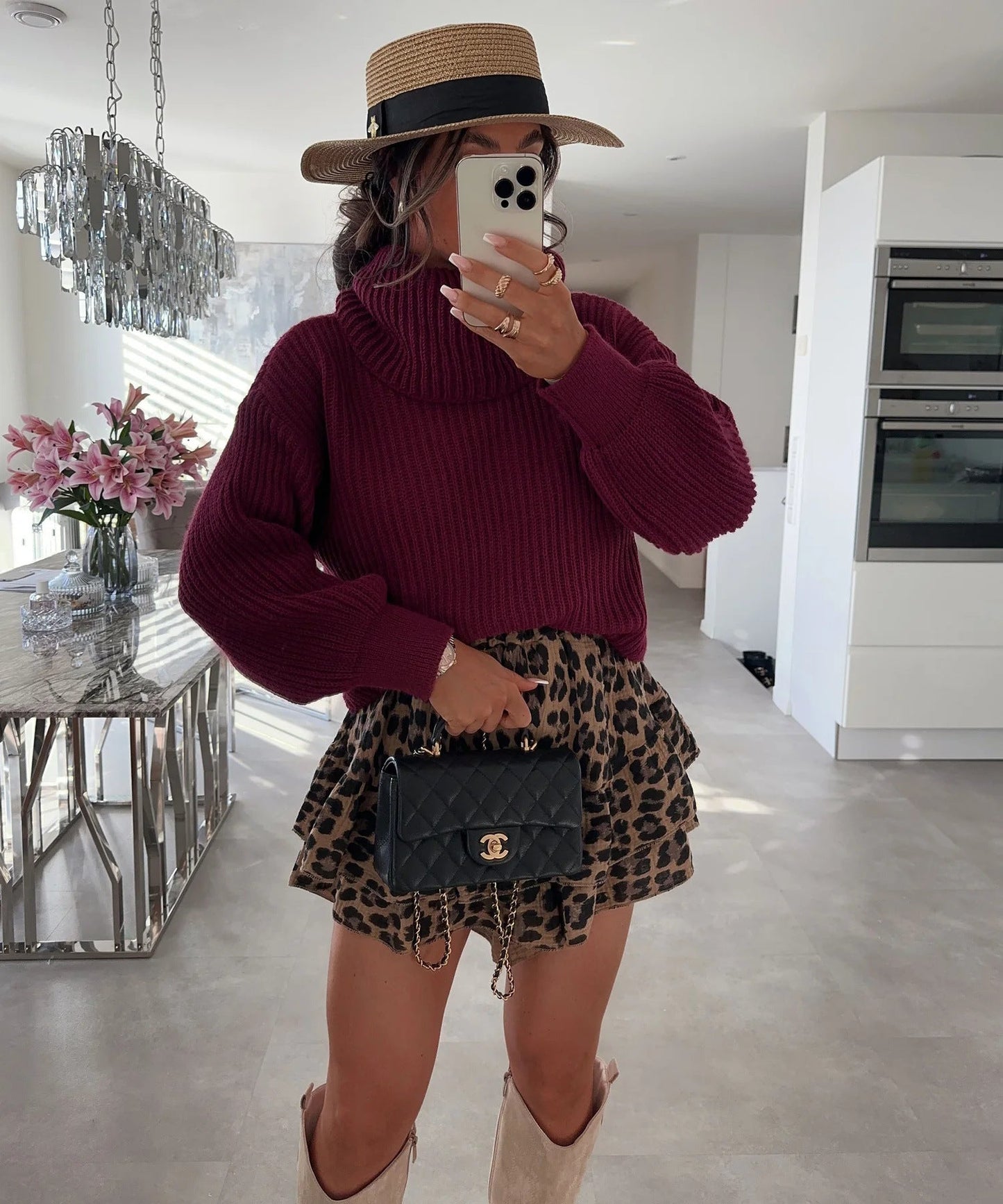Damen Grobstrickpullover Hochkragen Weitärmelig Eveloria