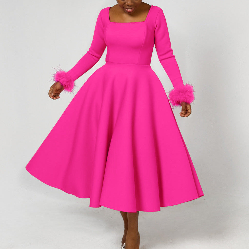 Damen Kleid Quadratischer Ausschnitt Fuchsfell Ärmel Schwarz - Eveloria
