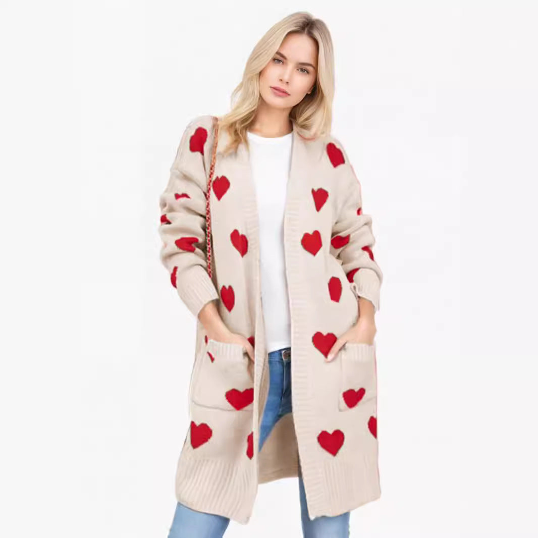 Damen Strickjacke Herzdesign Modisch Lang Eveloria - Eveloria