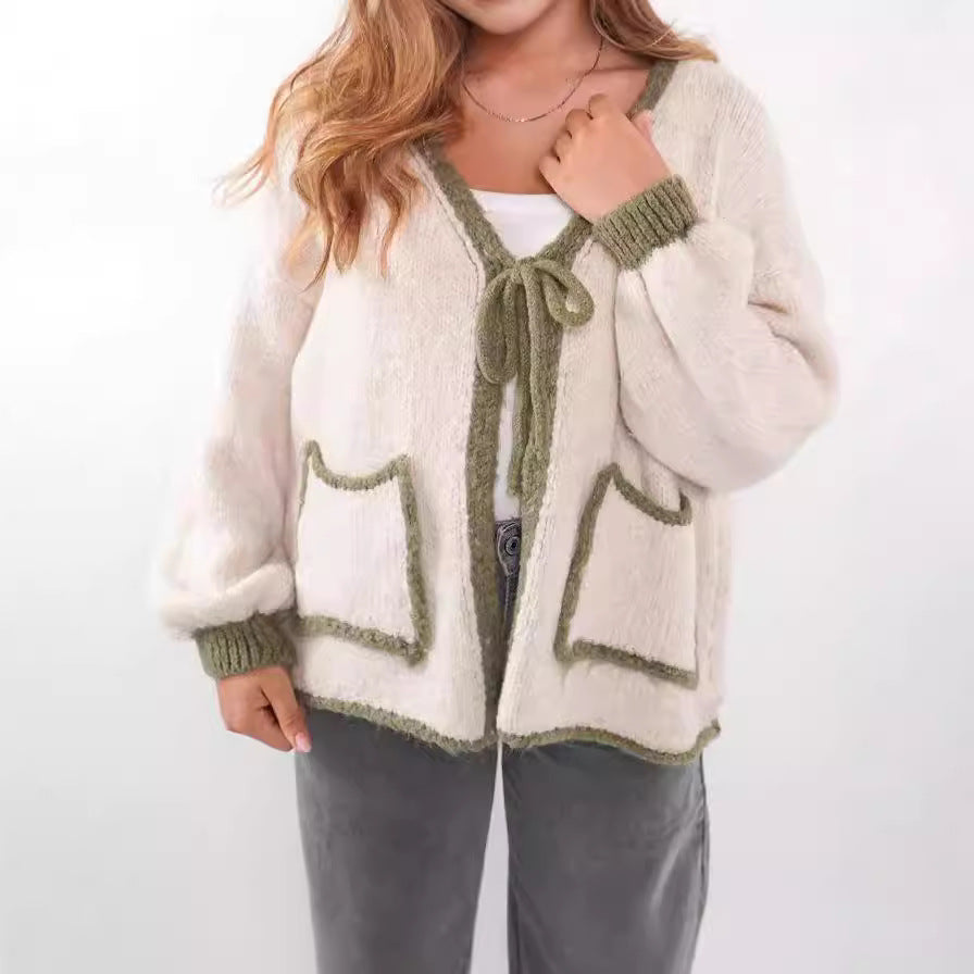 Damen Strickjacke Lässig Kordelzug Elegante Taschen Beige