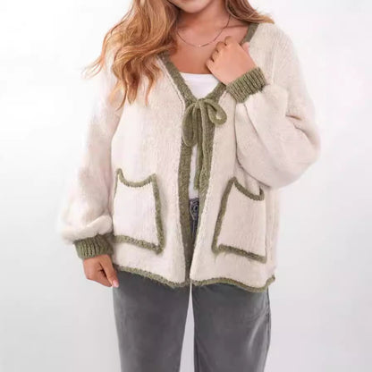 Damen Strickjacke Lässig Kordelzug Elegante Taschen Beige