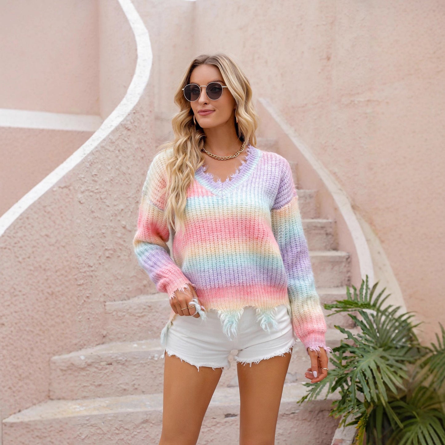 Damen Pullover V-Ausschnitt Fransenabschluss Grau Eveloria