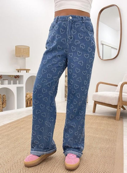Damen Weite Jeanshose Floralmuster Eveloria