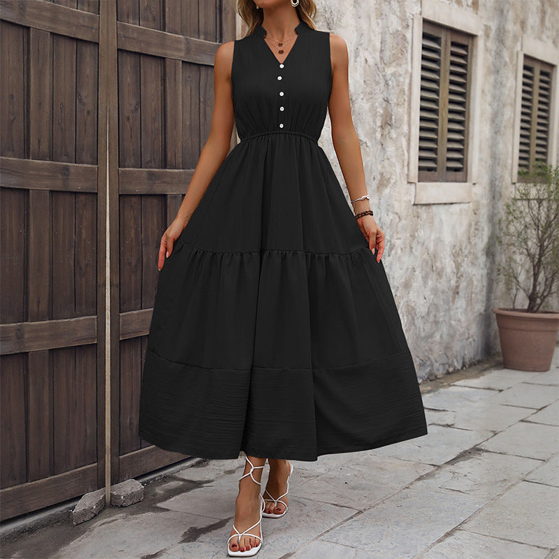 Damen Maxikleid V-Ausschnitt Knöpfe Eveloria