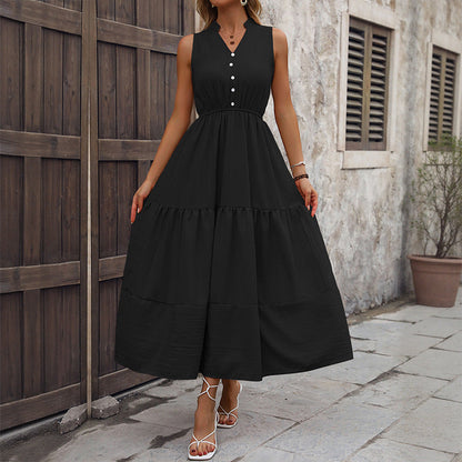 Damen Maxikleid V-Ausschnitt Knöpfe Eveloria