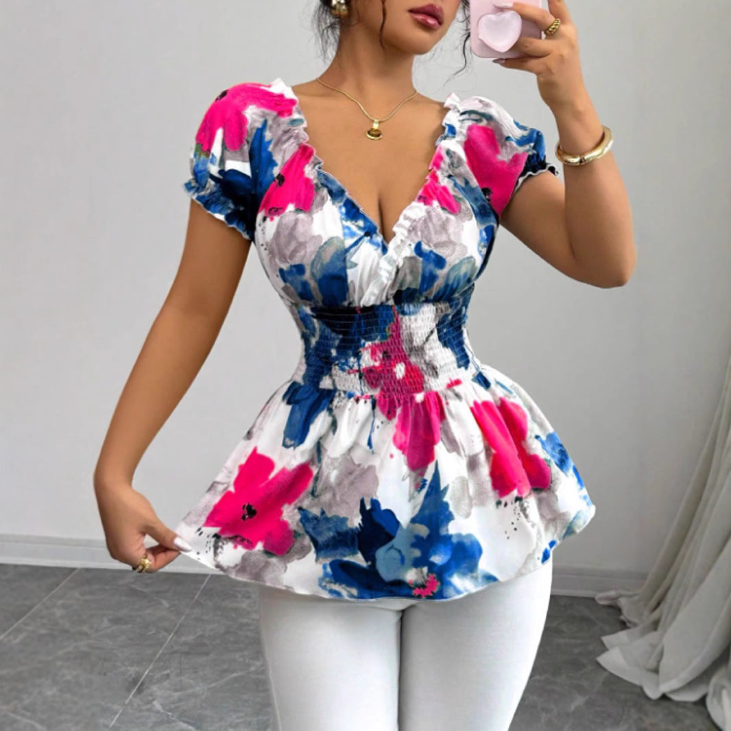 Damen Bluse Elastisch Floral Weiße Rüschen